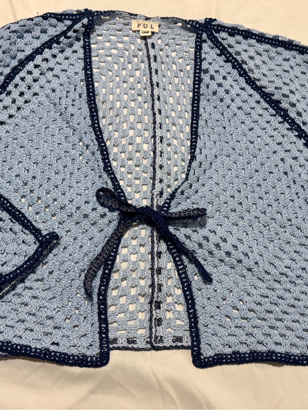 POL Light Blue Crochet Tie-Front Cardigan with Navy Trim